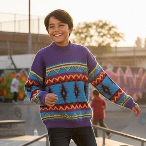 Young Americans Sweater Youth Size Large Acrylic Made In USA Tribal 80s Vintage